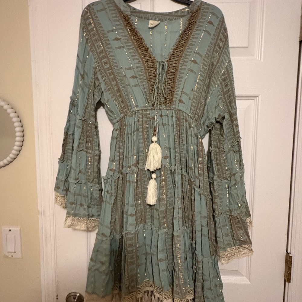 Bohemian Teal Dress with Tassels